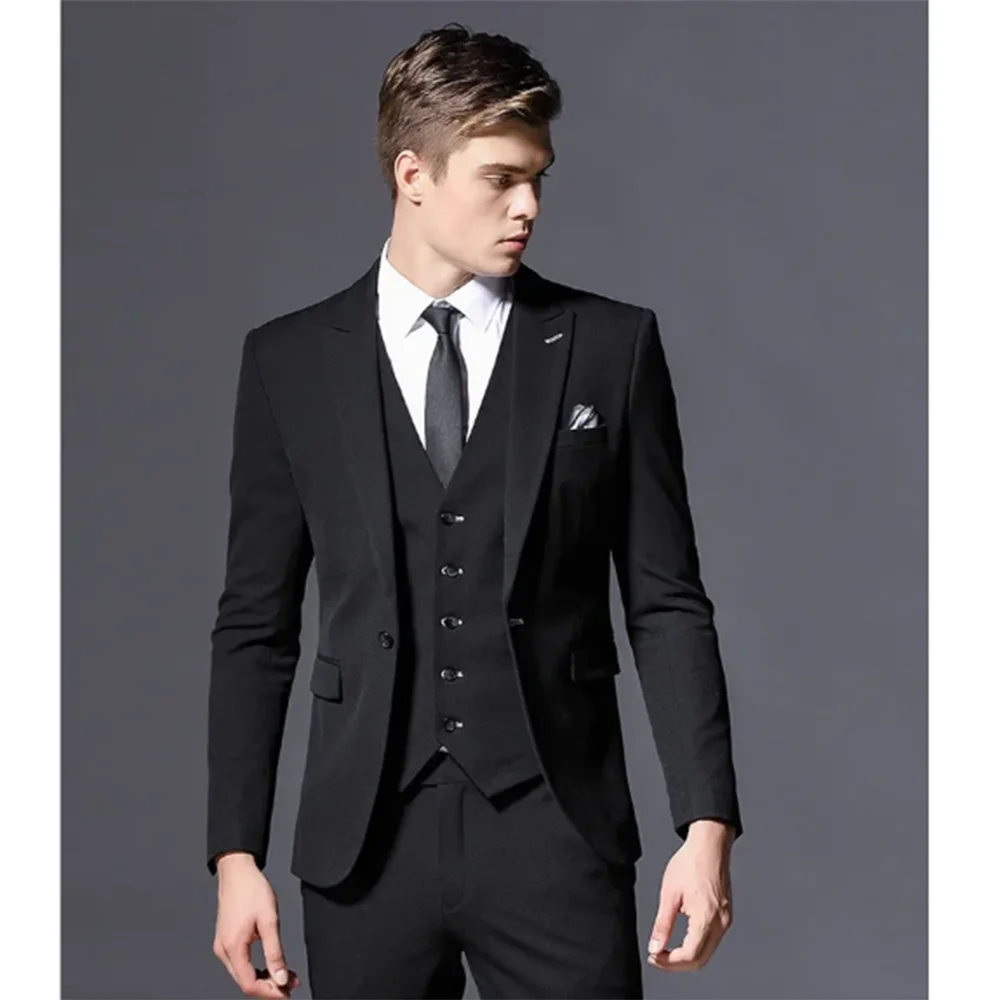 Mode Chic Braun Grau Schwarz Männer Anzug 3-teilige Jacke Weste Hosen Einreiher Spitze Revers Business Gentleman Traje De Hombre