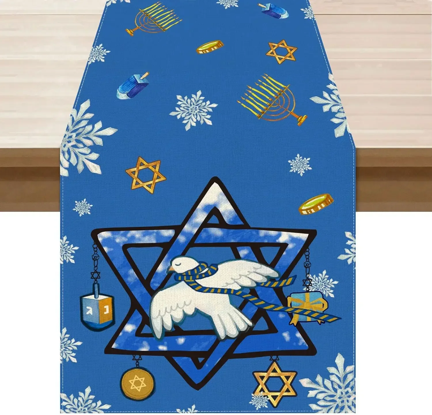 Hanukkah Hexagram Dove Snowflakes Table Runner Jewish Holiday Decor Chanukah Menorah Kitchen Dining Table Runner Party Decor