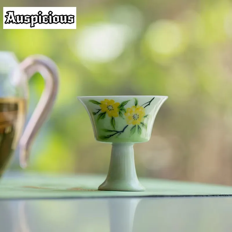 2pc/set Boutique Mist Green High Foot Ceramic Tea Cup Pure Hand-painted Yellow Wood Fragrance Master Cup Puer Sample Teacup 25ml