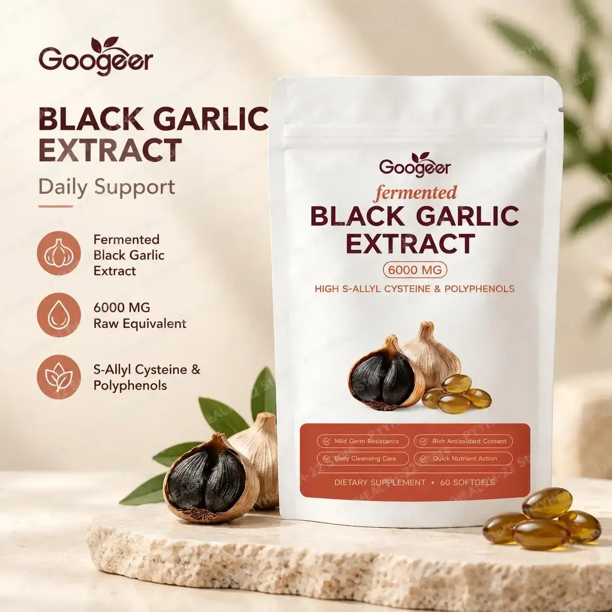 Fermented Black Garlic Extract Softgels,Promotes Cardiovascular Wellness,Activates Vitality,Equivalent & Polyphenols,60 Softgels
