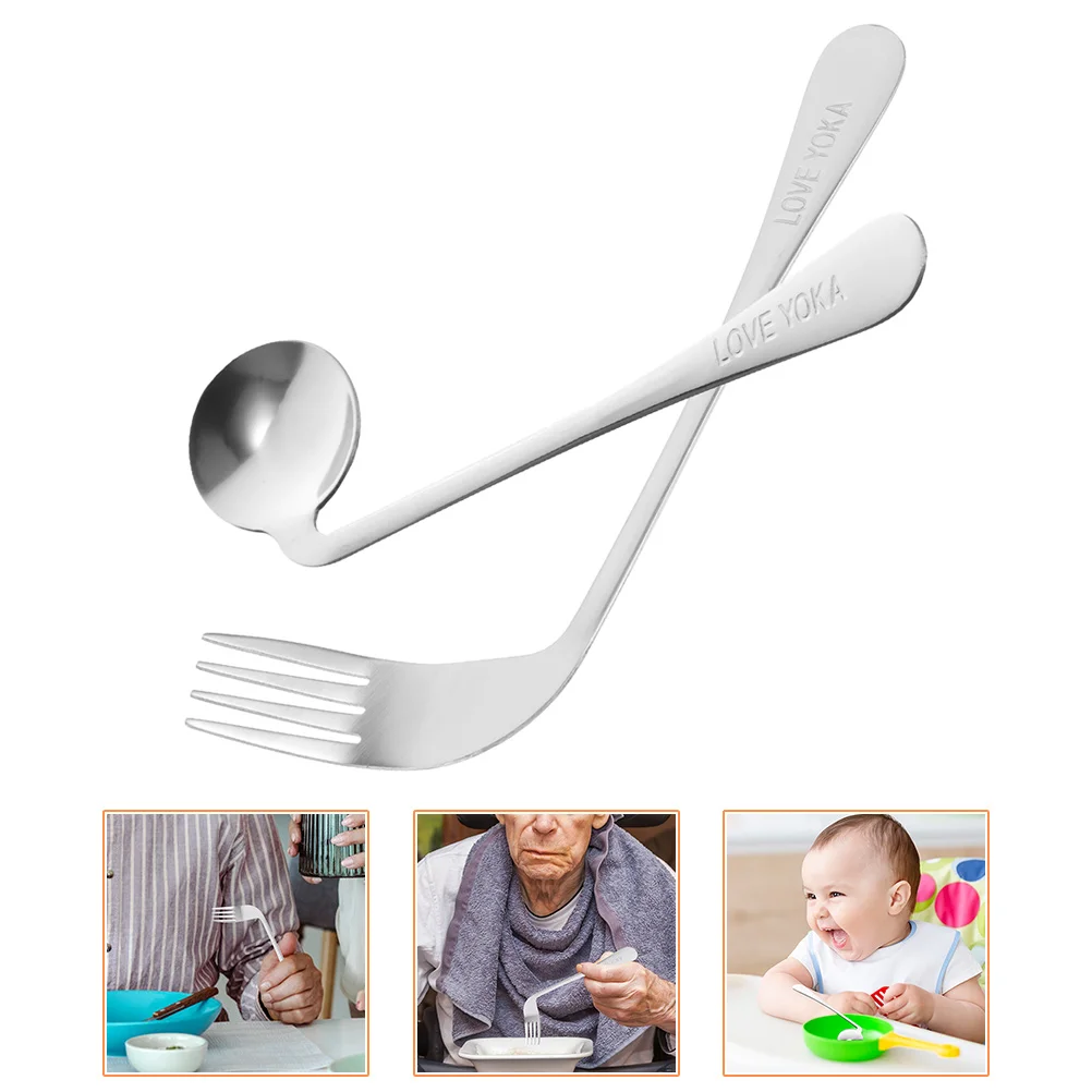 Elbow Fork Spoon Sturdy Utensils Metal Disabled Feeding Angled Tableware Auxiliary Aid Stainless Steel Curved