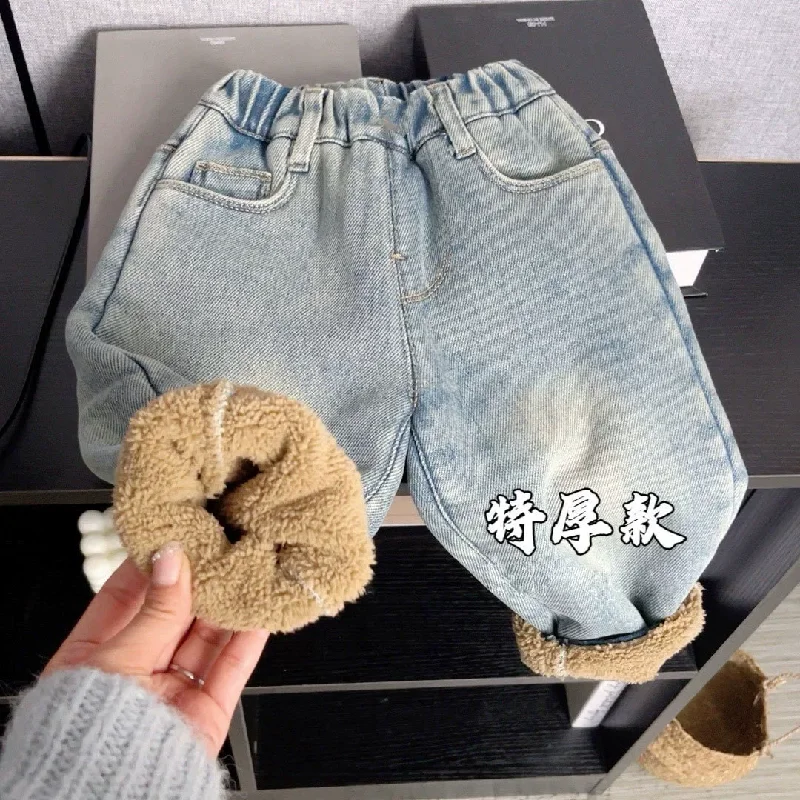Kids Velvet Jeans Winter New Boys Girls  Thick Fleece Lined Pants Children Warm Demin Pants Casual Loose Trousers 1-8 Years Old