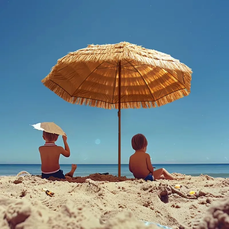 Modern Tassel Beach Umbrella German Beech Handle 190T Woven Canopy 8 Ribs Outdoor Homestay Resort Decor
