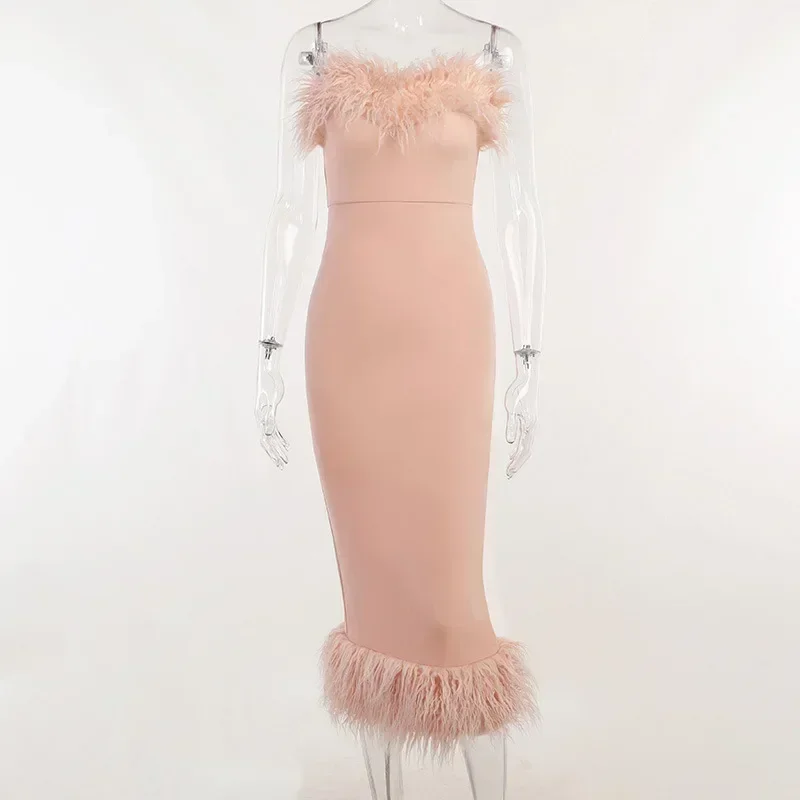 Bangniweigou Party Hairy Tube Dress Off Shoulder Elegant Split Midi Prom Robe Women Birthday Pink White Black Evening Attire