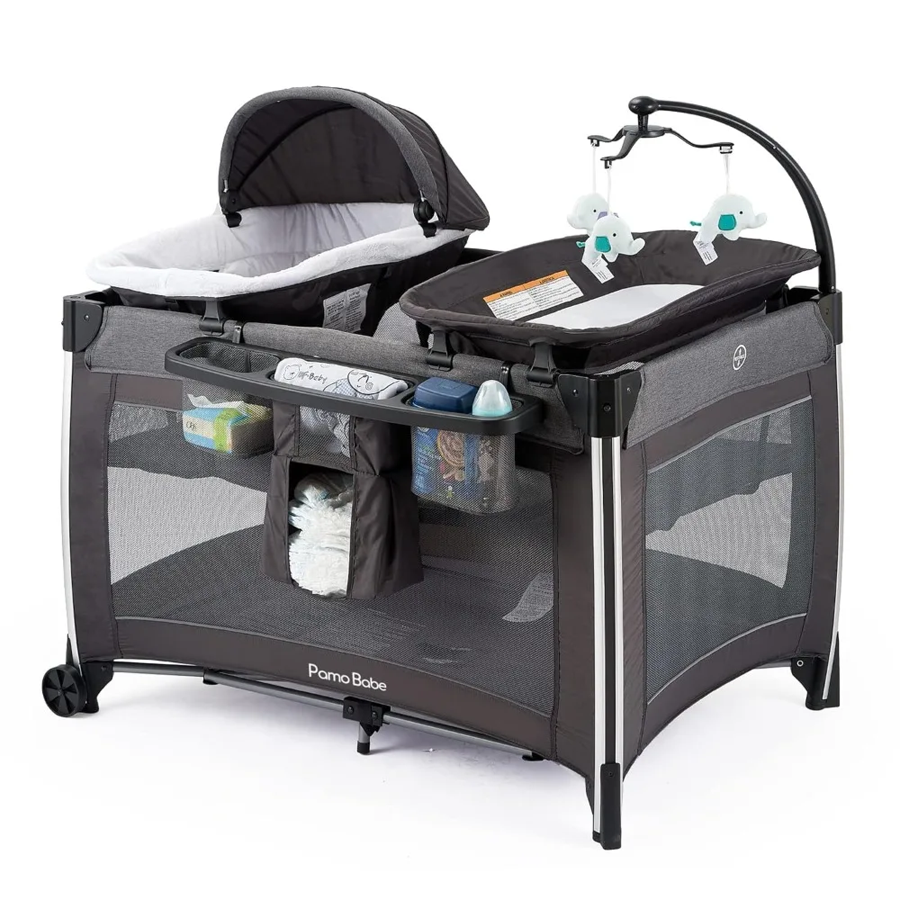 

4 in 1 Portable Baby Crib Deluxe Nursery Center, Foldable Travel Playard with Bassinet, Mattress, Changing Table