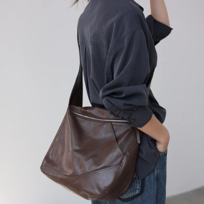 Genuine Leather Large Capacity Crossbody Bags For Women And Men Luxury Soft Top-grain Cowhide Single Shoulder Bag