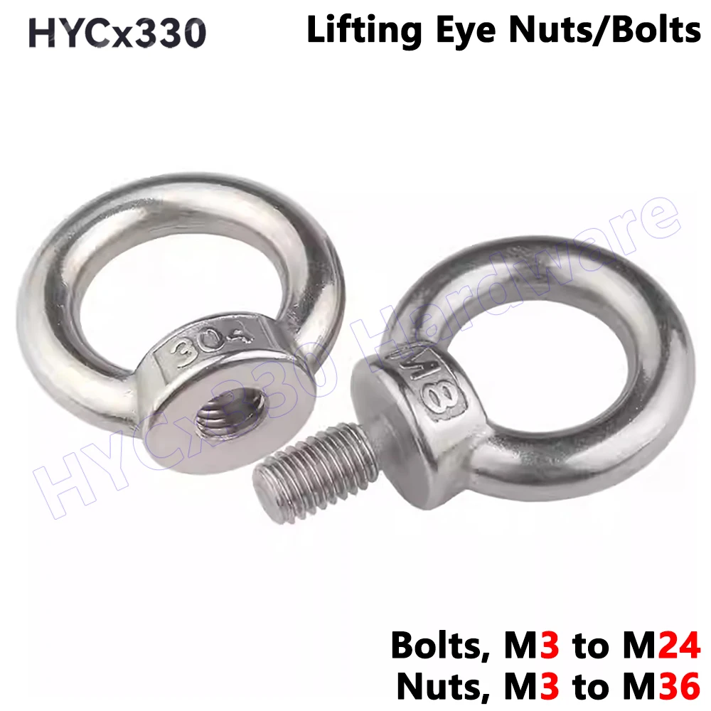 Lifting Eye Bolts, Lifting Eye Nuts, 304 Stainless Steel EyeNuts Eyebolt Thread Ring Round Hook Screws Nut M3 M4 M5 M6 M8 to M24