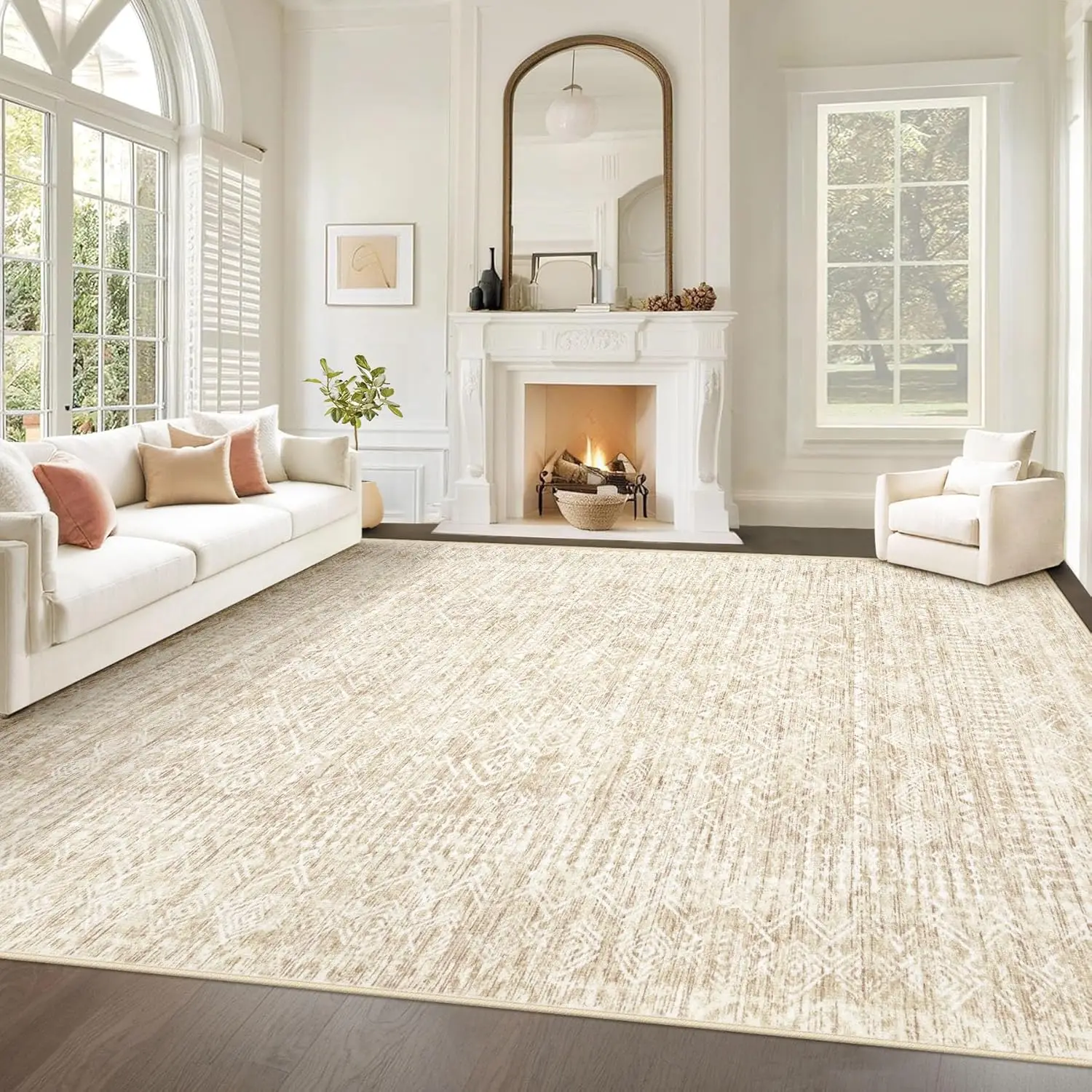 

Washable Moroccan Geometric Boho Rug 8x10, Non-Slip Low Pile Soft Carpet for Living Room Bedroom Dining Room (Beige)