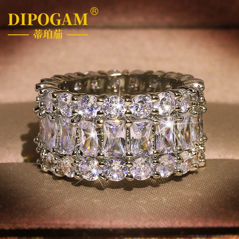 

DIPOGAM Ladies' luxury white moissanite wheel ring, silver multi row commitment engagement ring, bride's jewelry, love gift