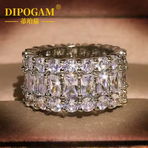DIPOGAM Ladies' luxury white moissanite wheel ring, silver multi row commitment engagement ring, bride's jewelry, love gift