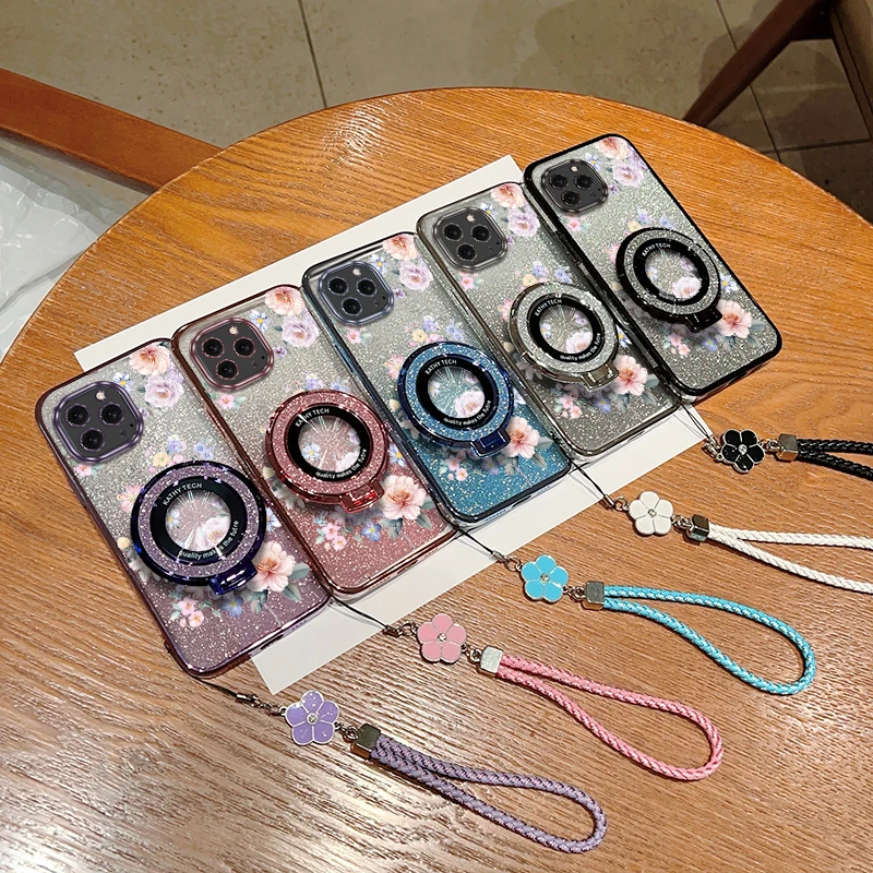 

16ProMax Красивые цветы Покрытие Браслет Держатель Телефон Чехол Для iPhone 16ProMax 16 12Pro 16Pro 14 13 14ProMax 12 Чехол