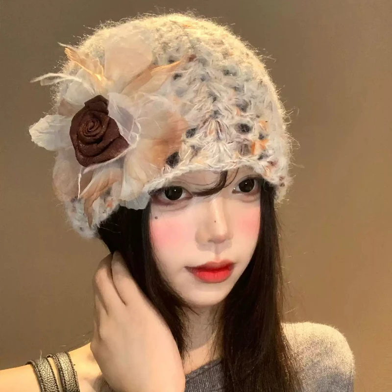 Korean 3D Flower Hollow‑Out Knit Beanies for Women Autumn Winter Face‑Slim Oversized Bonnet Warm Travel Skull CapFor Large Head