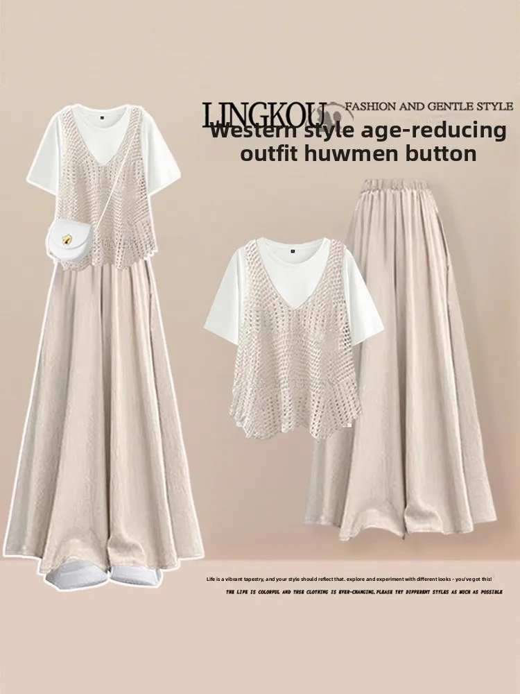 Elegant Large Size Knitted Set Women Summer Hollow out Casual Pants And T-Shirt Three Piece Set Age Reducing Slimming Effect