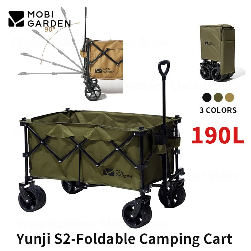 MOBI GARDEN-Chariot de camping pliant extérieur, chariot à bagages de grande capacité, poignée réglable, roues tout-terrain annulées, chariot à nervures, 190L