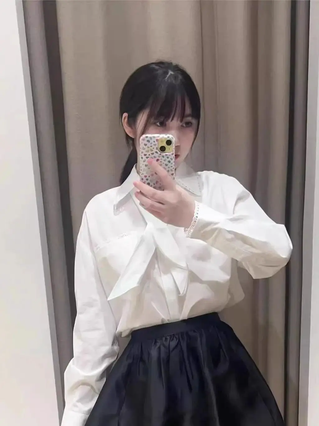 

Spring/Summer Women Bow Tie Turn-down Collar Long Sleeve Button Solid Shirt Single-breasted Loose Casual Elegant Blouse