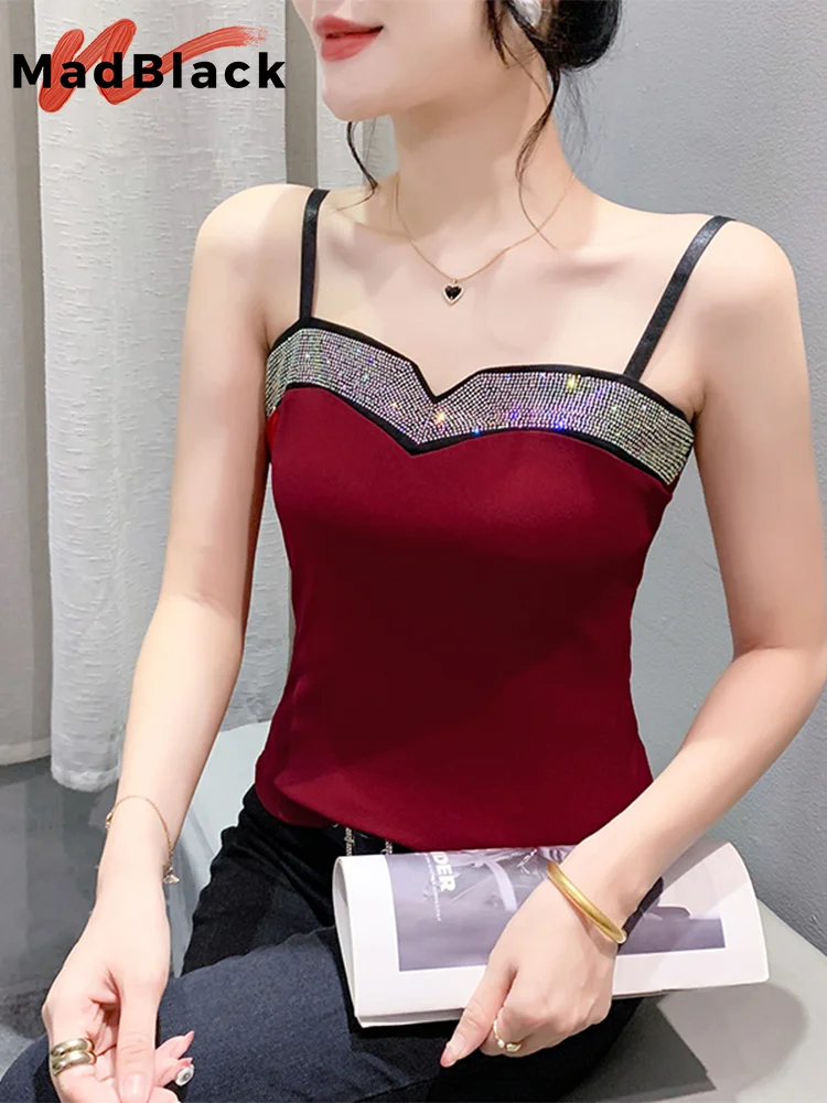 MadBlack European Clothes Camisole Women Sexy Shiny Diamond Slim Ice Silk Tops All Match Sleeveless Tee Summer T47238QM