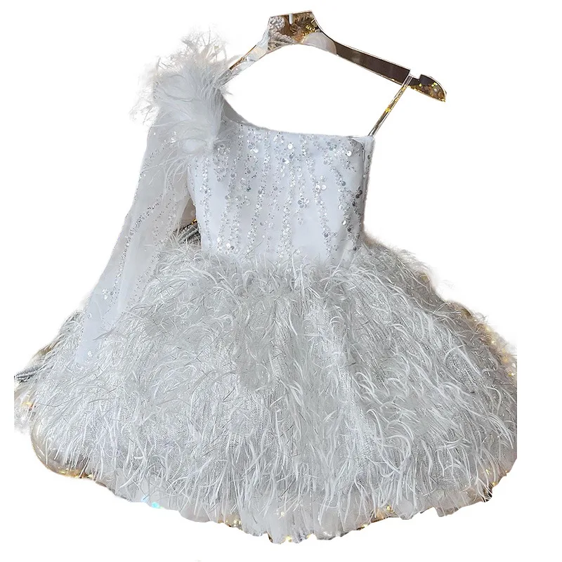 2025 White One-Shoulder Princess Dress for Girls Sparkling Sequin Tutu with Elegant Tulle Skirt for Toddler Kids Girls Dresses