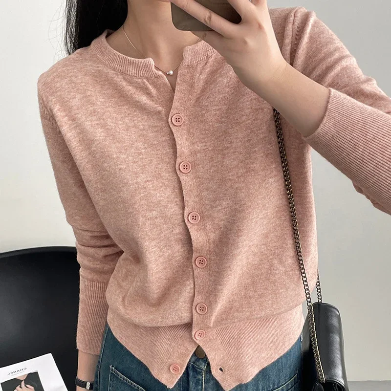 Fashion Korean Sweater Women Autumn Thin Fleece O Neck Knit Single Breasted Long Sleeve Tops Short Cashmere Casual Cardigans