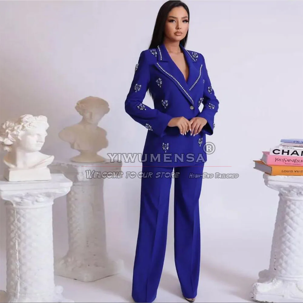 Contas de cristal feminino entalhado lapela terno, blazer personalizado com calças, designer, luxo, vestido de escritório feminino, azul, 2 peças