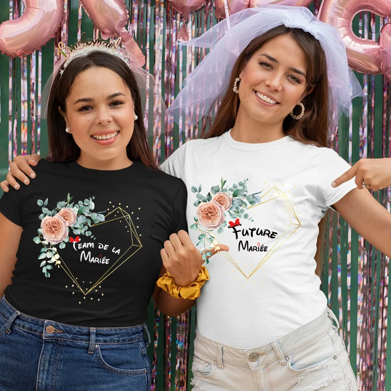 French Girls Bachelorette Party Tops Team Future Bride T-Shirt Short Sleeved Fashion Flower Crown Tees Bridal Wedding Shirt