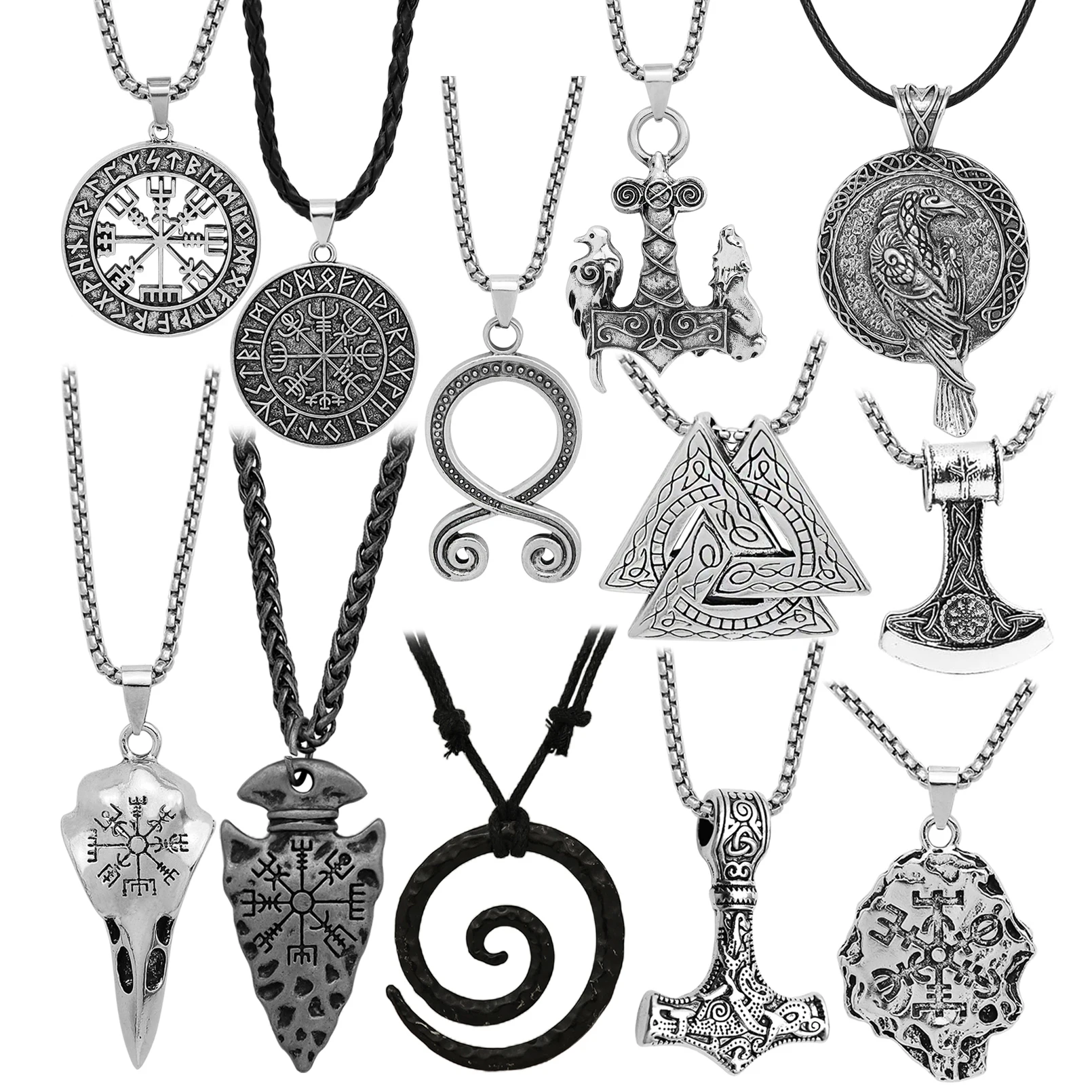 Vintage Nordische Wikinger-Halsketten für Männer und Frauen, Slawische Symbol-Amulette, Kompass-Anhänger, Punk-Stil, Lederband-Halskette, Schmuck