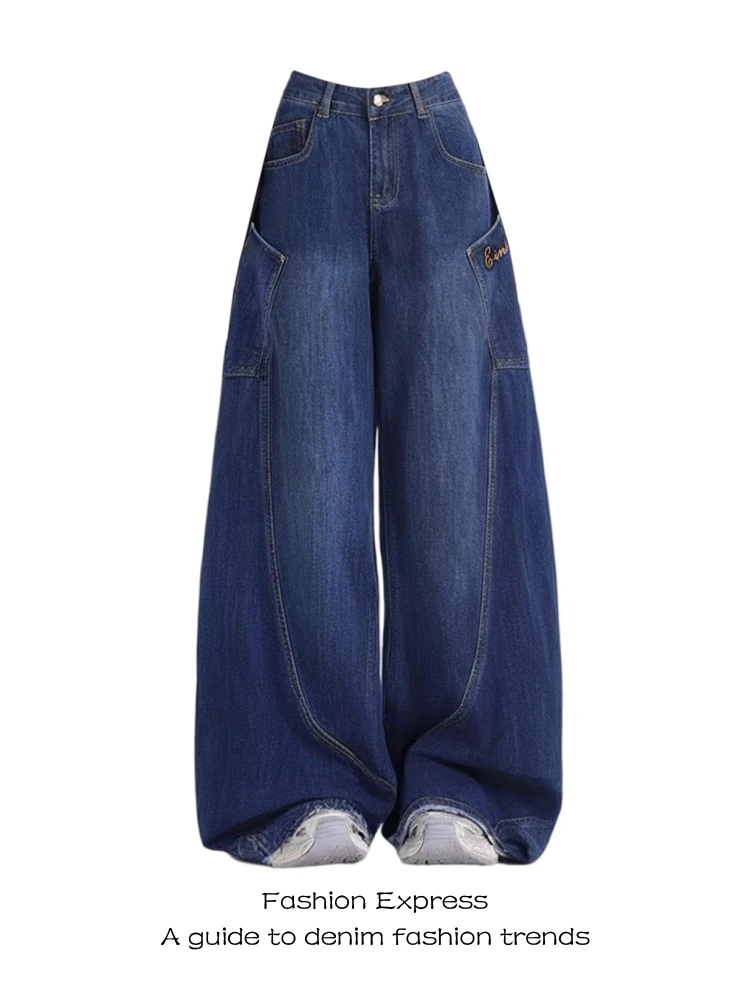 

Женские широкие джинсы в стиле ретро с высокой талией, осенне-зимняя новинка, длинные брюки с большими карманами