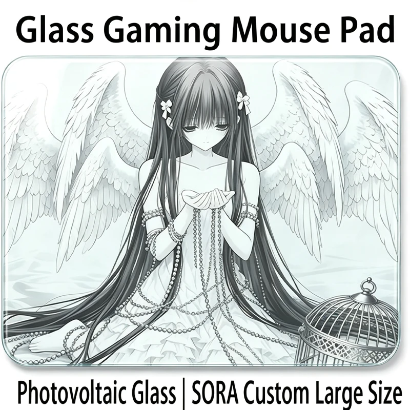 Japan Anime Angel Girl Tempered Glass Gaming Mouse Pad Reproduced Upgrade Coated Smooth Surface Custom Gamer FPS Gaming Desk Mat
