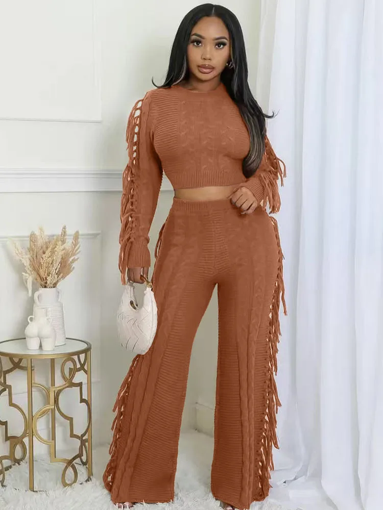 

Doyerl вязаный ребристый свитер, одинаковые комплекты, женский зимний наряд, укороченный топ с длинными рукавами и кисточками, костюм с широкими брюками