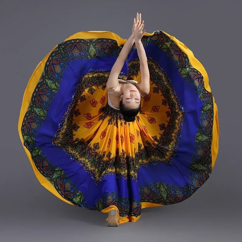 Spódnice do tańca flamenco i corridy dla kobiet, obrót o 720 stopni, klasyczny taniec etniczny, charakterystyczny nadruk, duża spódnica do występów.
