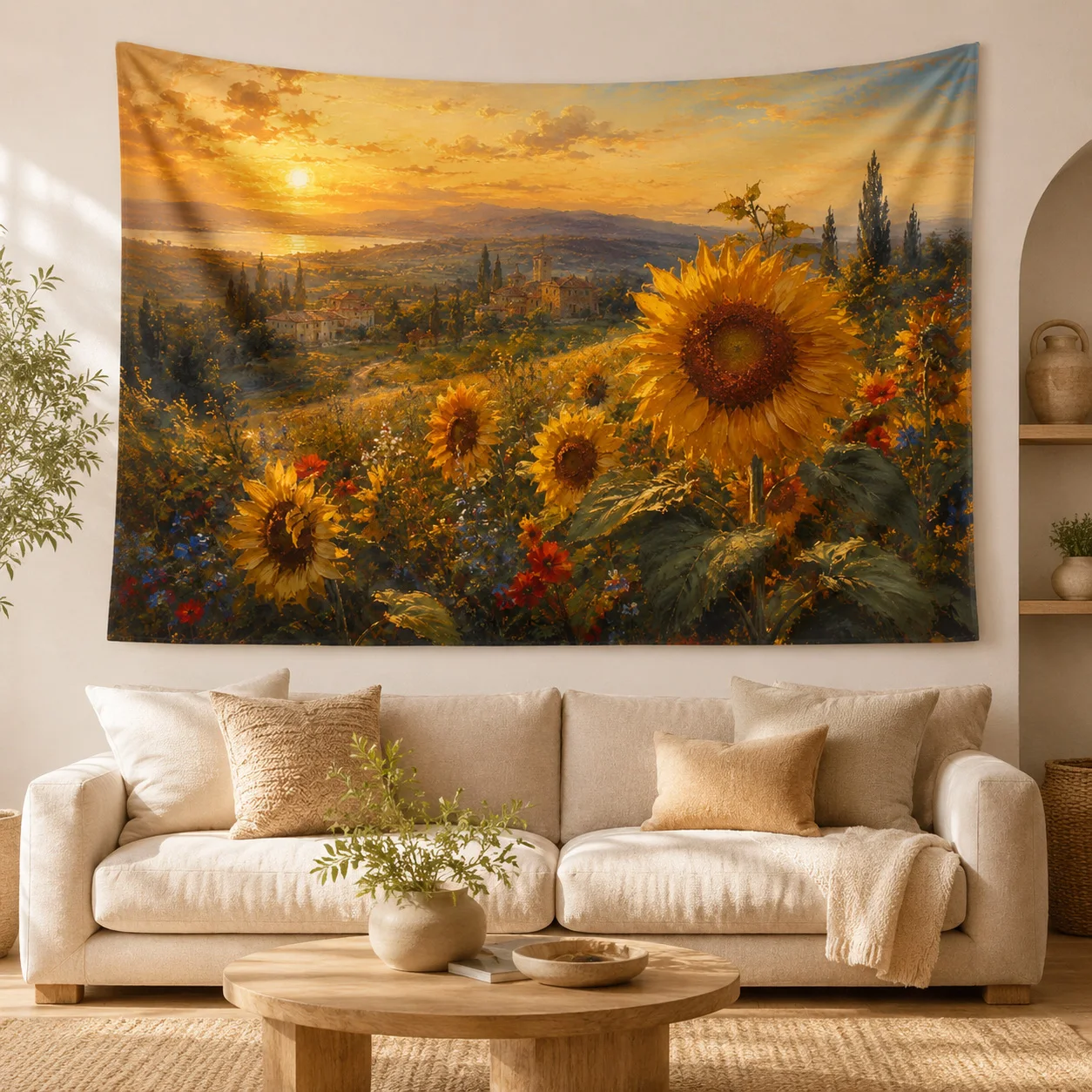 Vintage Sunflower Landscape Wall Tapestry Oil Painting Floral Hanging for Bedroom Living Room Dorm Decor Gift