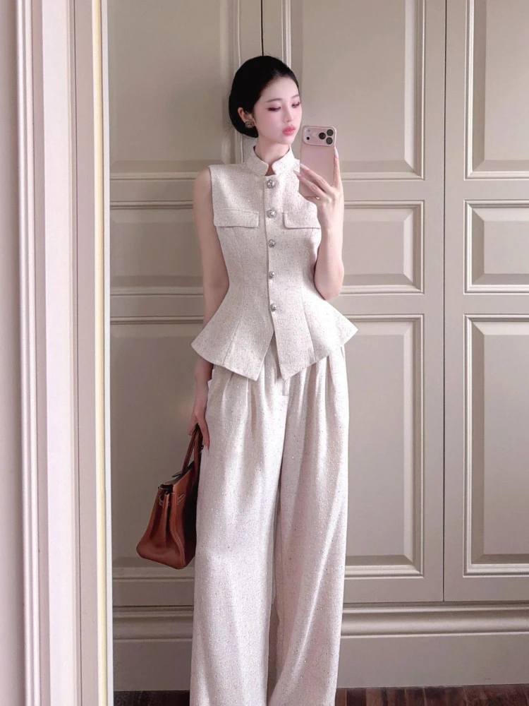 

Korean style light luxury elegant two-piece set women commuter sleeveless stand collar single breasted vest wide leg pants