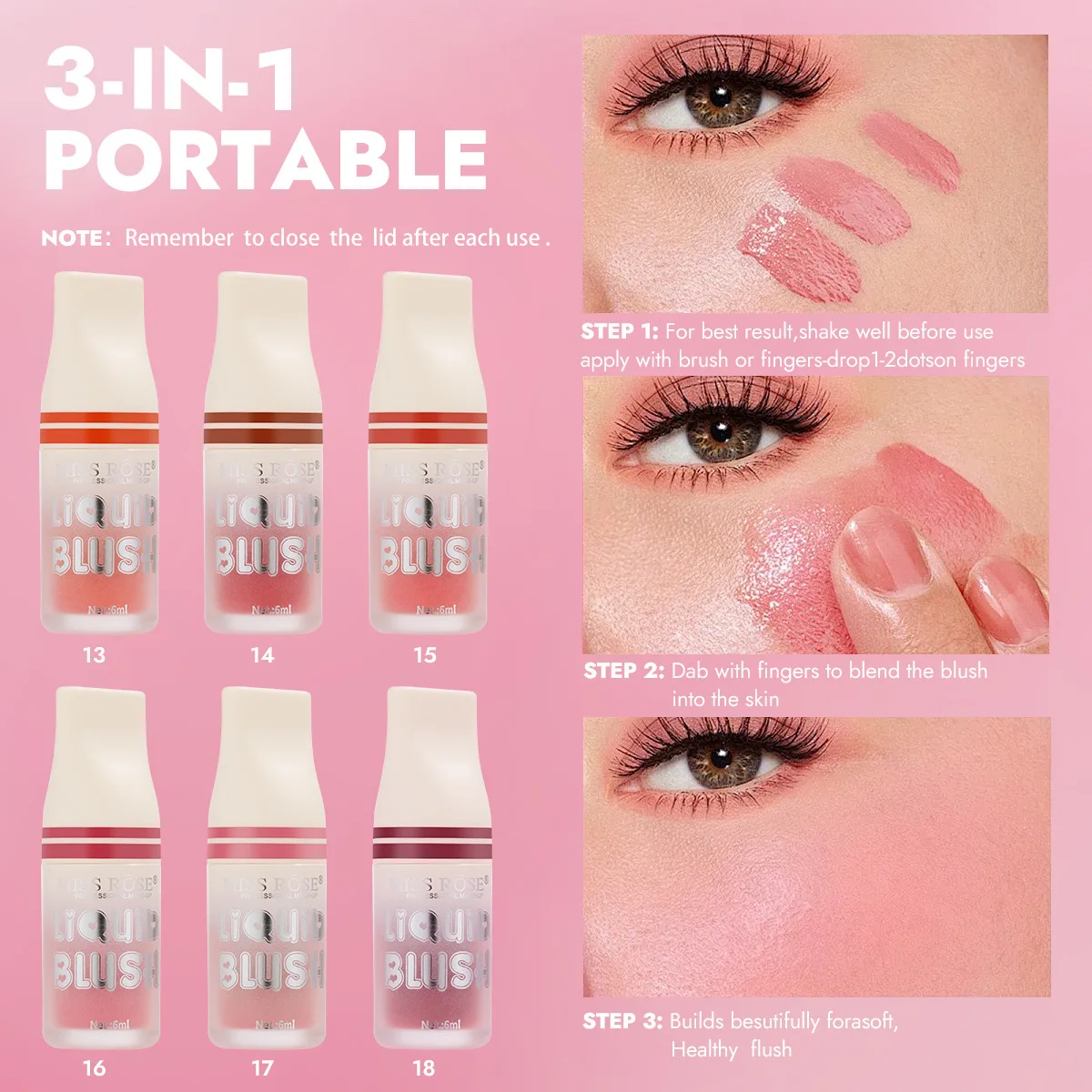 MISS ROSE 6-Color Liquid Blush Mushroom Head Vitality Facial Makeup Smudge-Proof Natural Tint Daily Beauty Cosmetic