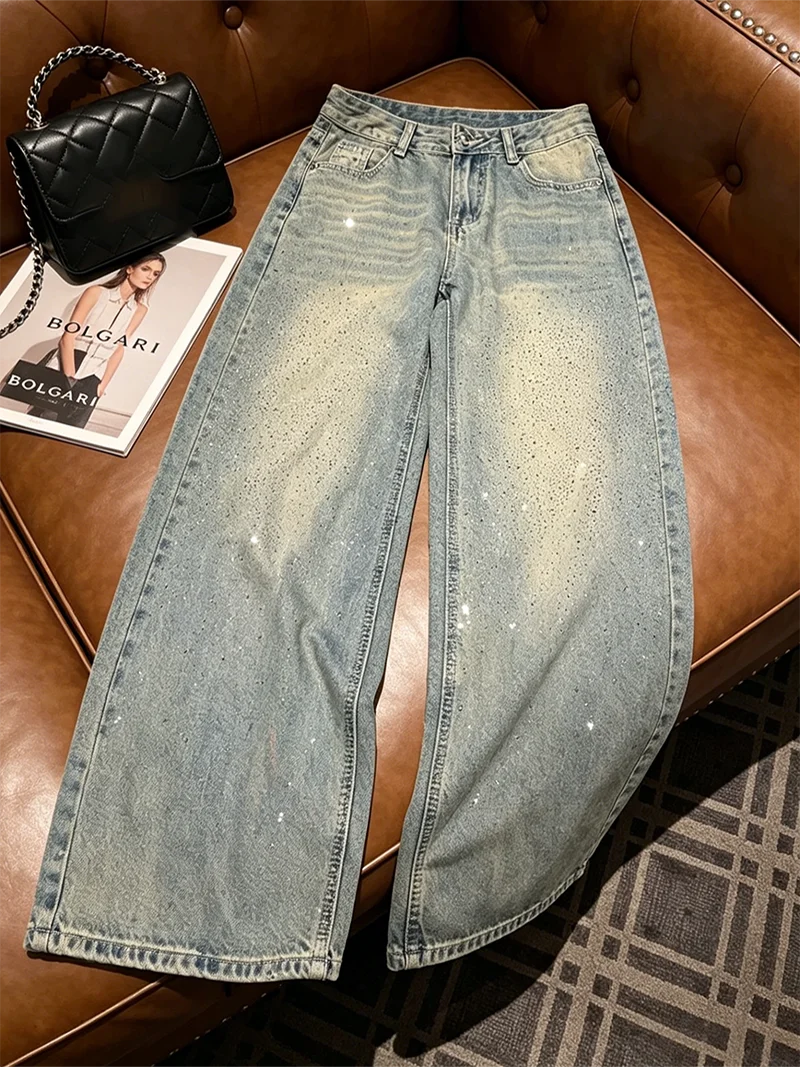 Double Sided Rhinestone Jeans Autumn New Women's High Waisted Versatile Loose Denim Pants Light Blue Casual Straight Leg Pants