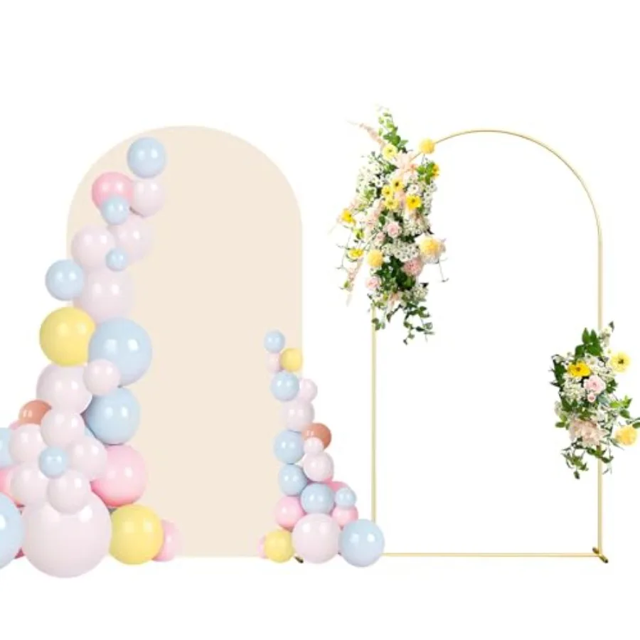 

Подставка для свадебной арки длиной 6 футов с бежевым спандексом и золотой рамкой для свадебной церемонии, дня рождения, свадебного ребенка