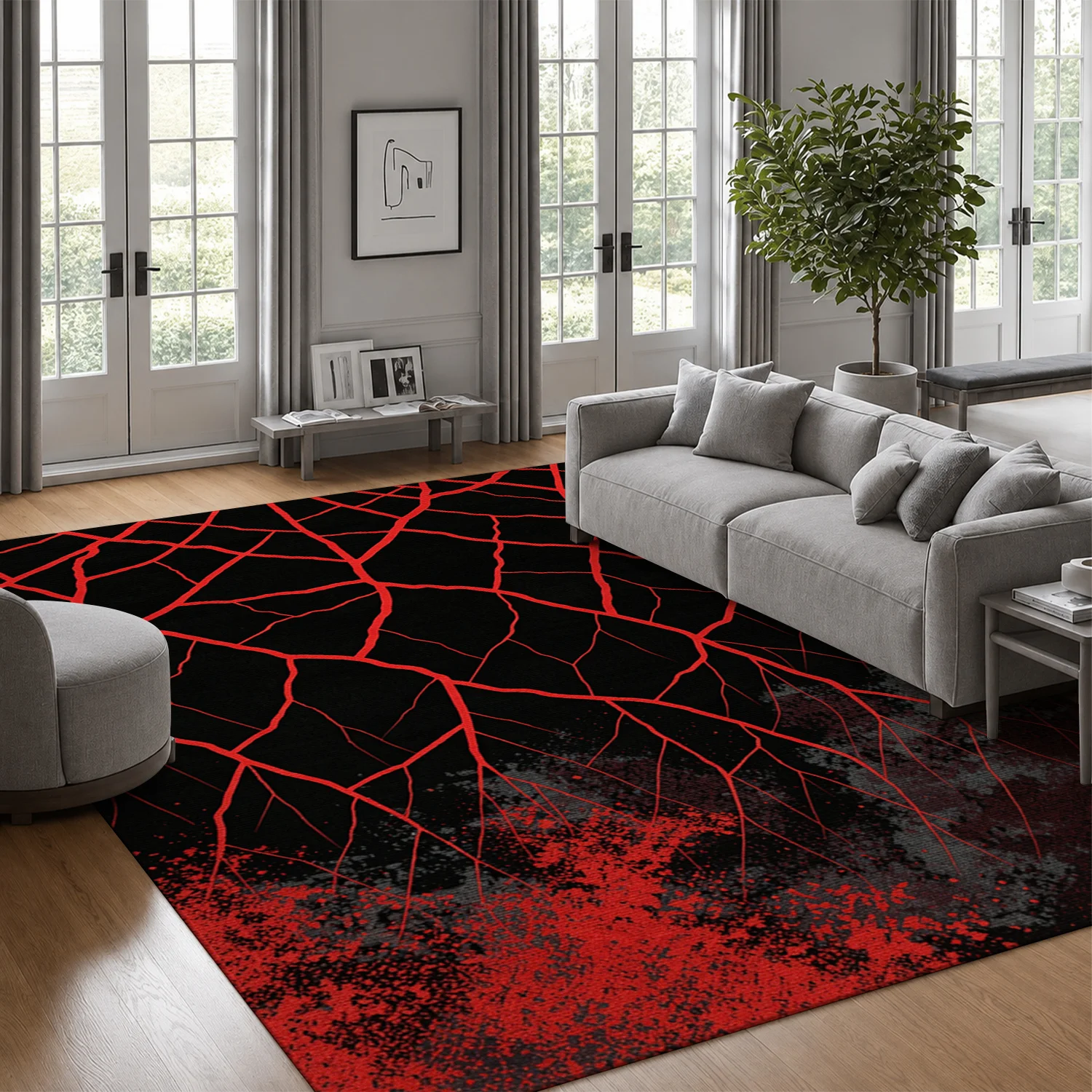 Abstract Red Cracked Line Splatter Pattern Area Rug, Velvet, Machine Washable, Floor Covering for Living Room, Bedroom, Entryway, Office, Perfect for Halloween, Thanksgiving, Black Friday, Christmas, New Year Home Decor