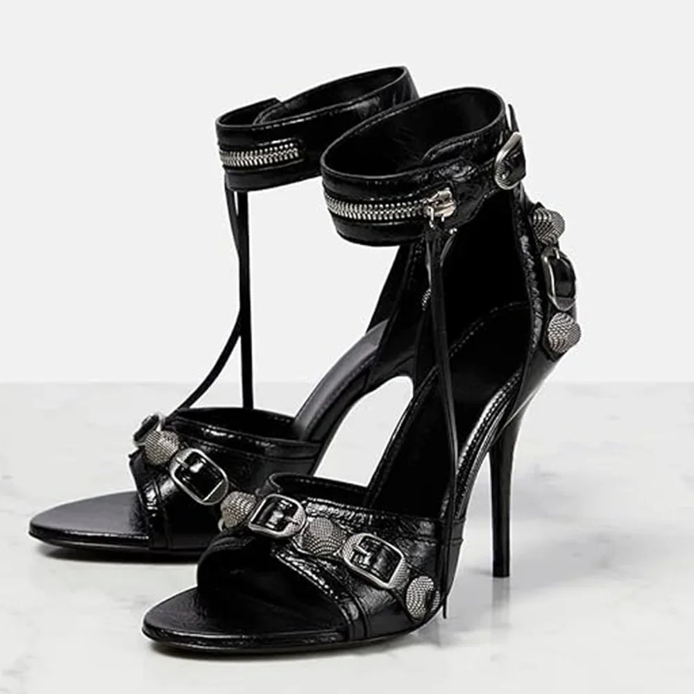 

Сандалии с металлическими заклепками и молнией, украшенные сандалии, пикантные модные женские современные туфли на тонком каблуке с острым носком, на тонком каблуке