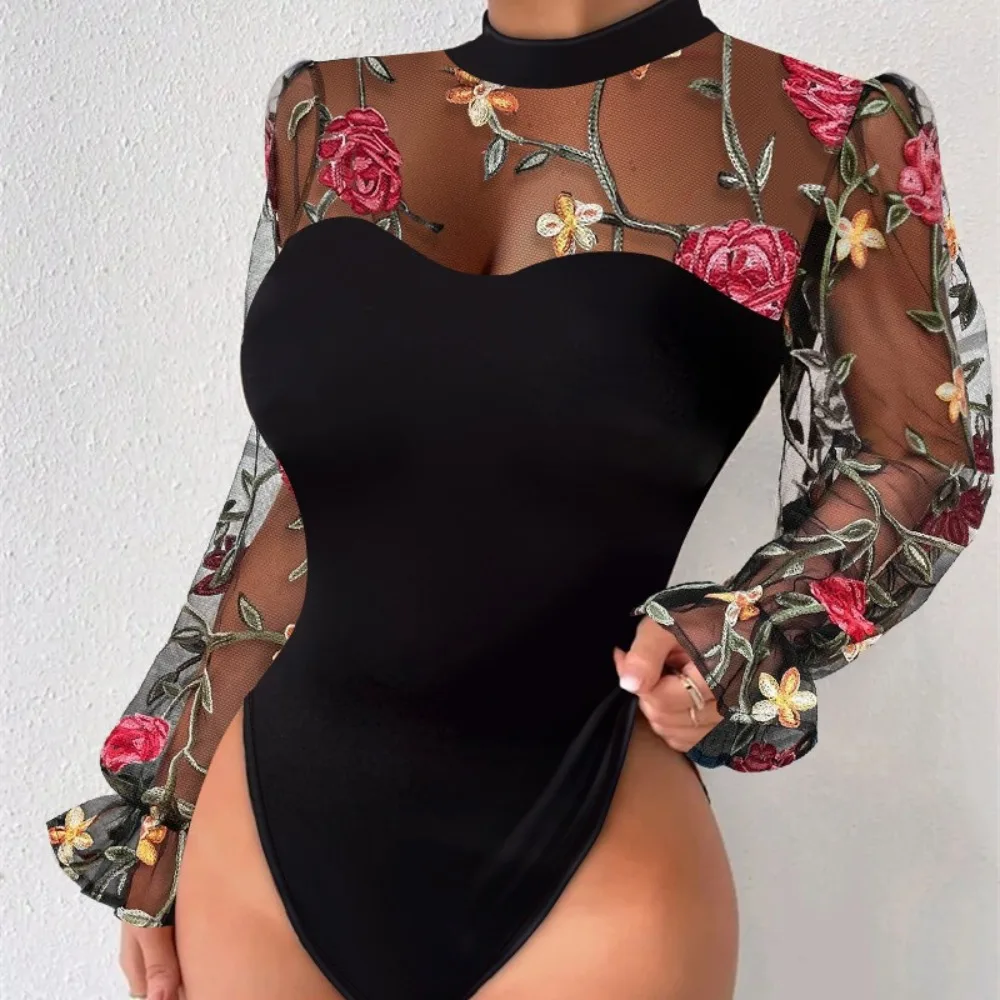 Women Sexy Mesh Bodysuit Chic Embroidered Spliced Long Sleeve Jumpsuits Basics Summer Beach Vacation Slim Rompers Ins Clothing