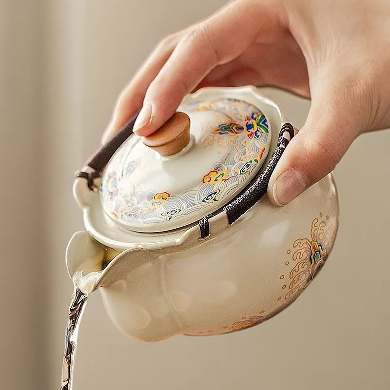 

Chinese-style Beige Ru Kiln Handheld Teapot Tea Set, Single Piece, Household Use, High-end, Heat-resistant, Gift, Ceramic Teapot