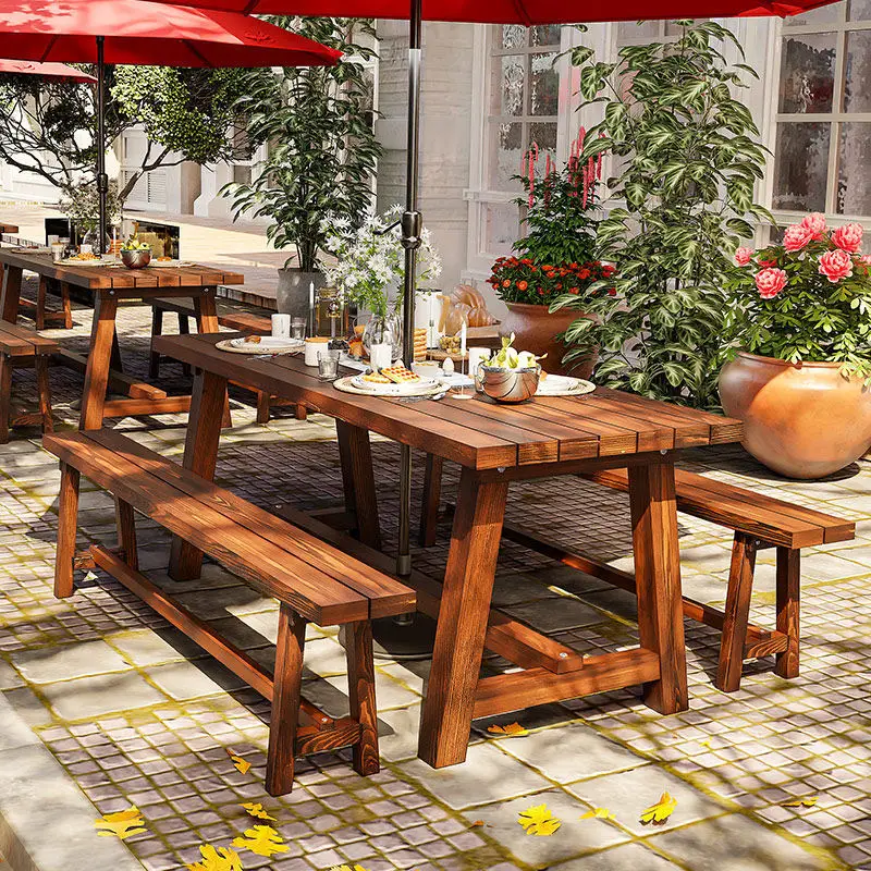 Outdoor coffee shop Leisure table Chair combination Outdoor open-air preservative wood with umbrella table and chair Outdoor