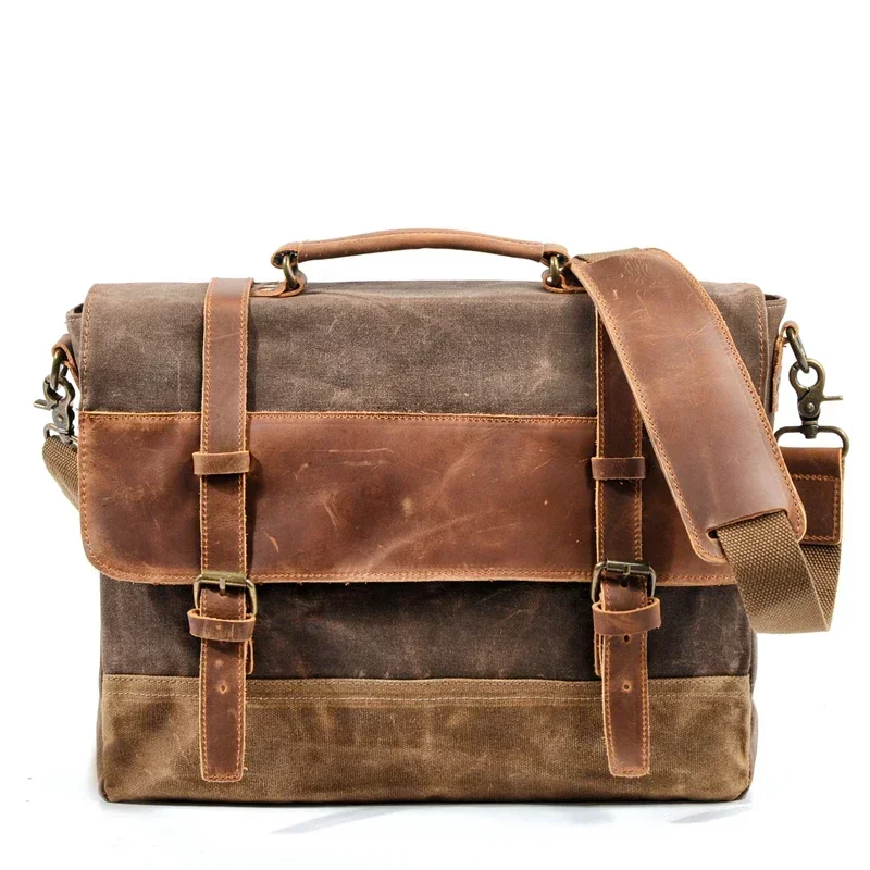 MUCHUAN Ölwachs Canvas Handtasche Herren Wasserdichte Umhängetasche Vintage Canvas Leder Aktentaschen 14" Laptop Messenger Bags Groß