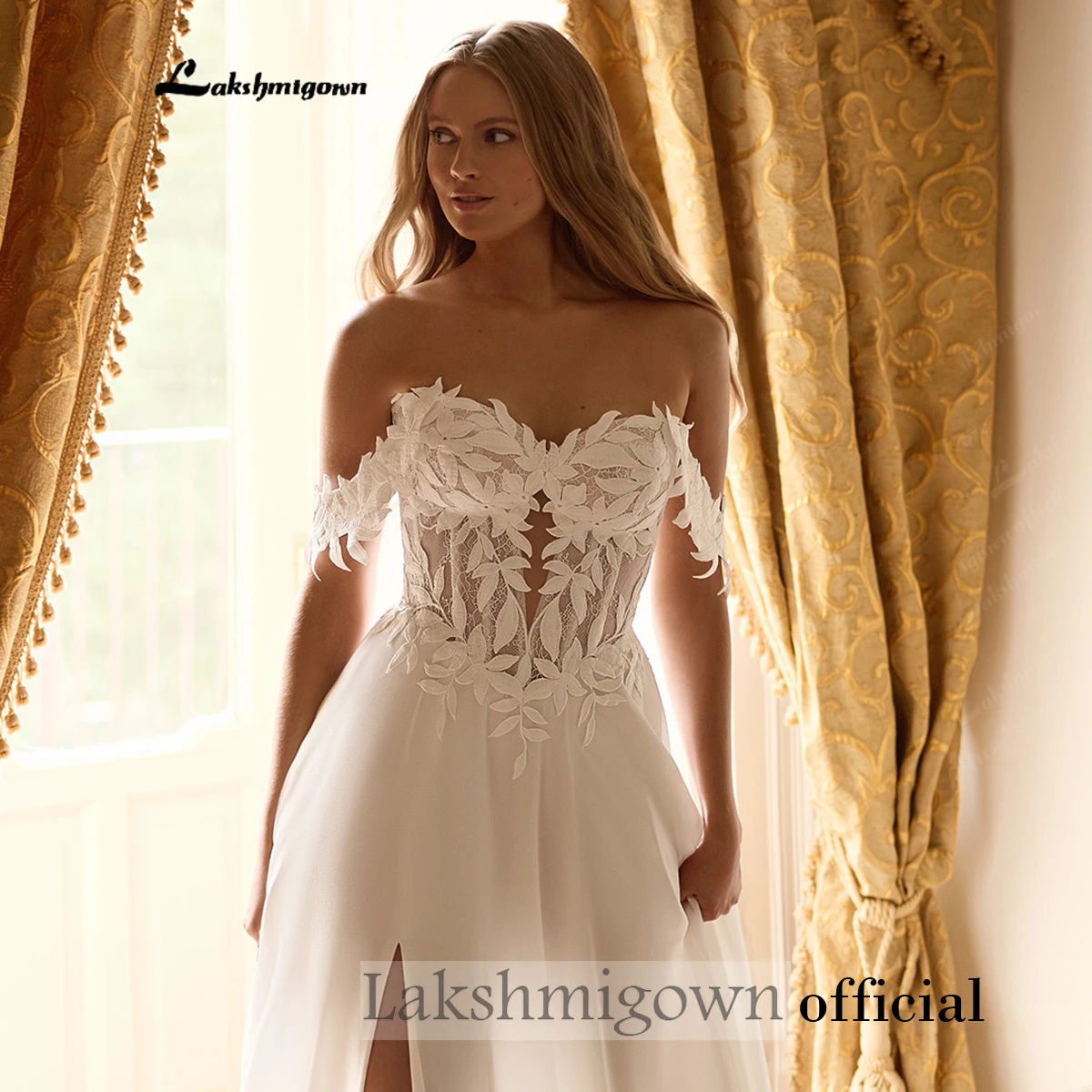 Lakshmigown Schulterfreies Brautkleid mit Herzausschnitt, transparentem Oberteil, hohem Schlitz, Chiffon, A-Linie, rückenfrei, maßgeschneidert – Detail 7
