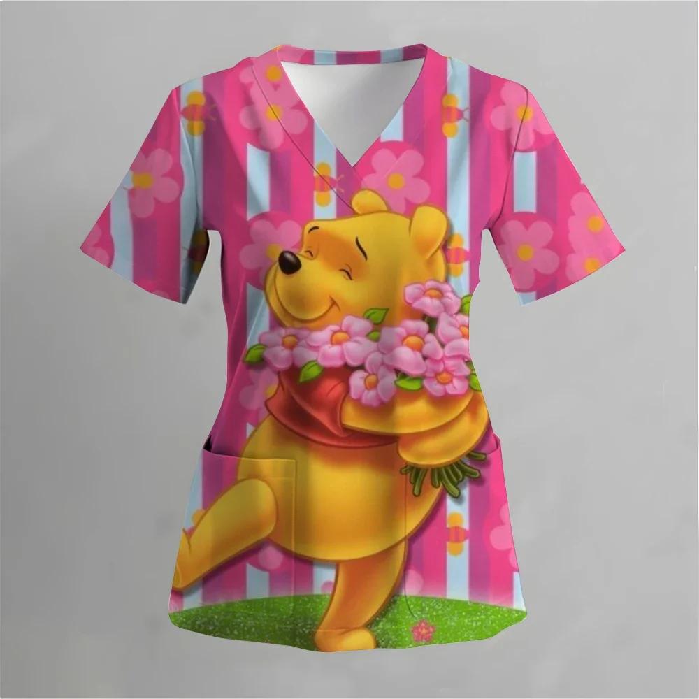 Uniforme d'infirmière imprimé Disney Donald Duck Winnie l'ourson, gommages de soins de santé de poche, chemise de travail pour personnel de soins infirmiers