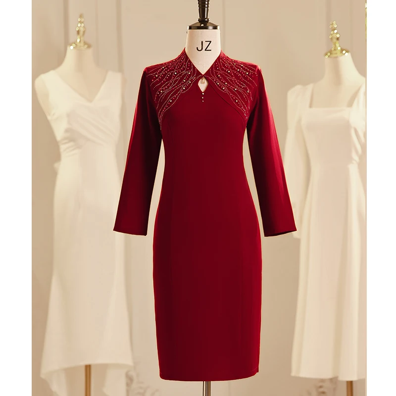 

Ele Long-Sve Qipao Wedding Dr for Mom Vintage Sle Heavy Embroidery Young Mother-In-Law Ceremony Costume