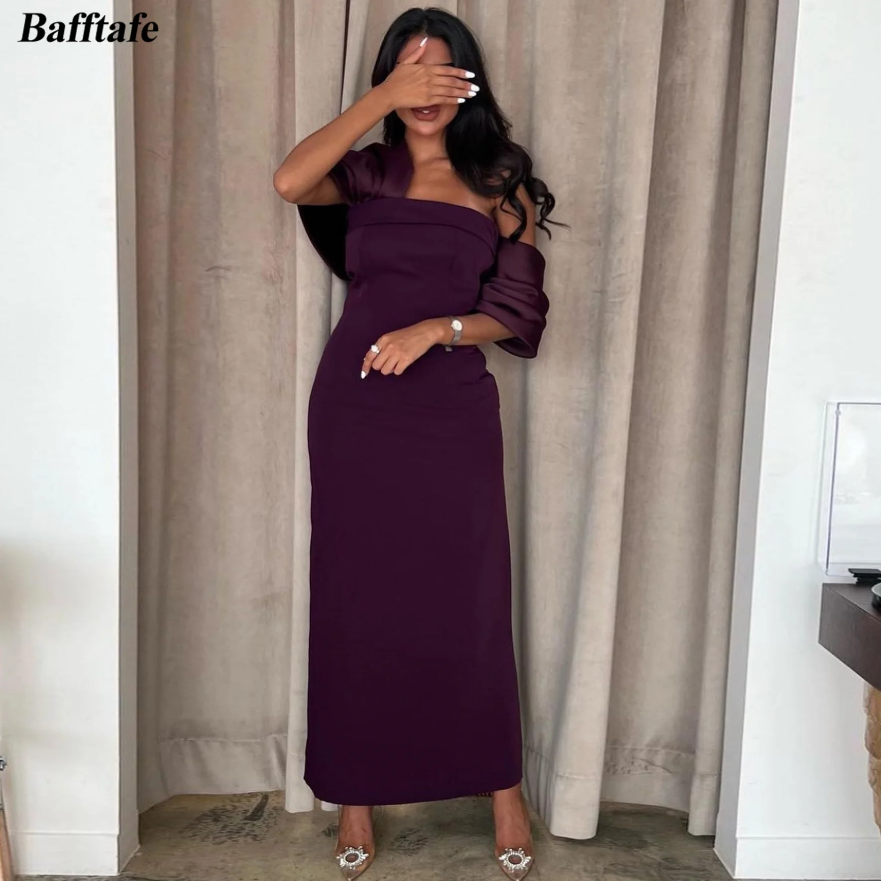 

Bafftafe Sheath Purple Saudi Arabia Prom Dresses For Women Off The Shoulder Midi Formal Evening Dress Dubai Special Party Gowns