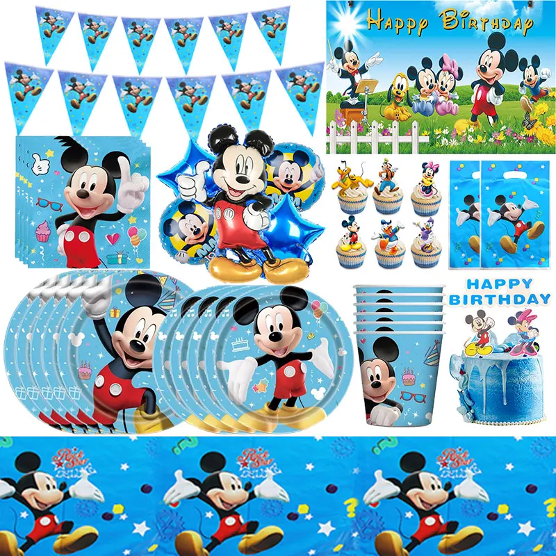 Vaisselle d'anniversaire Mickey Mouse : Assiette, gobelet, serviette, nappe, ballon Mickey Mouse bleu, bannière, boîte à popcorn, sac cadeau