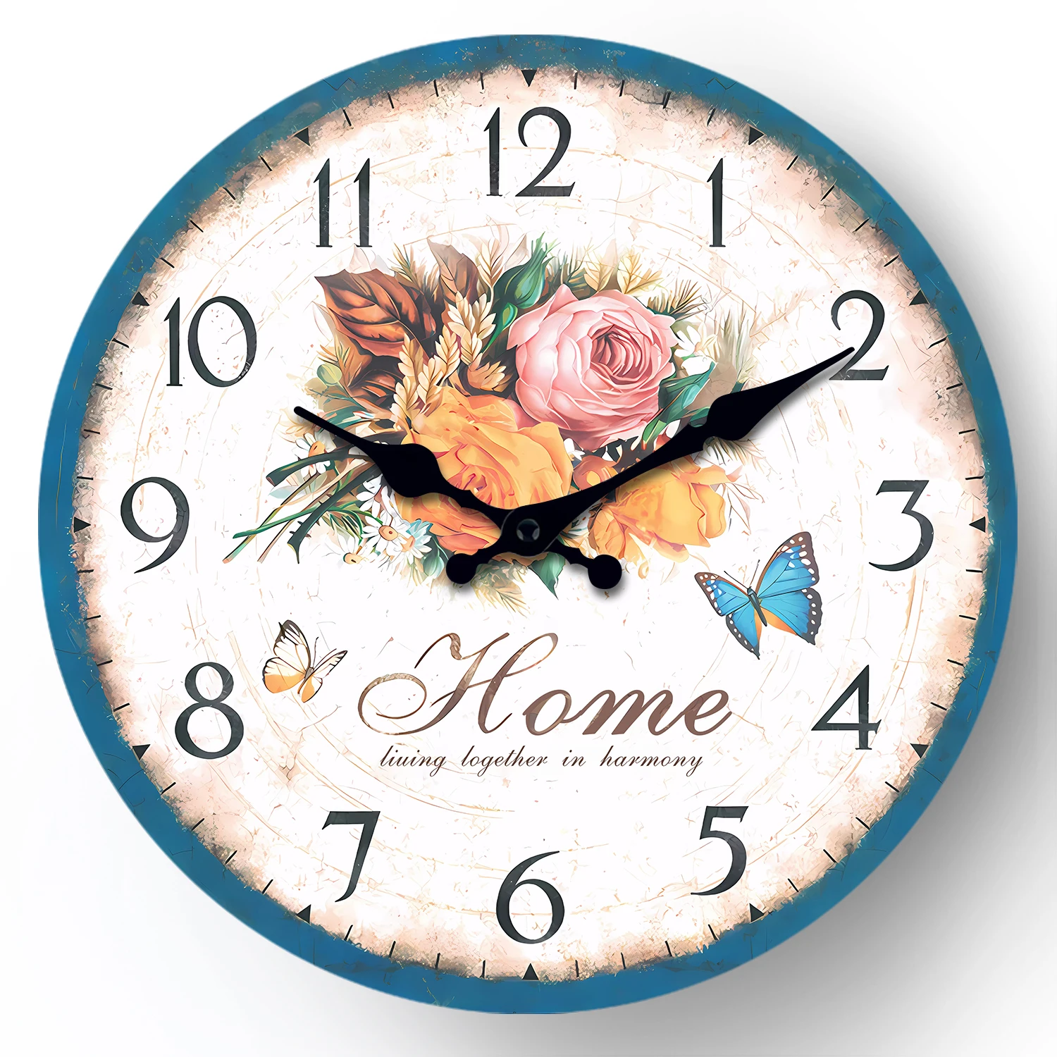 Schlichte Wanduhr im europäischen Stil mit blauem Rand und Blumenmuster, aus Holz, für Wohnzimmer, Schlafzimmer, Küche, zur Dekoration des Hauses, geräuschlose Quarzuhr, ideales Geschenk für die