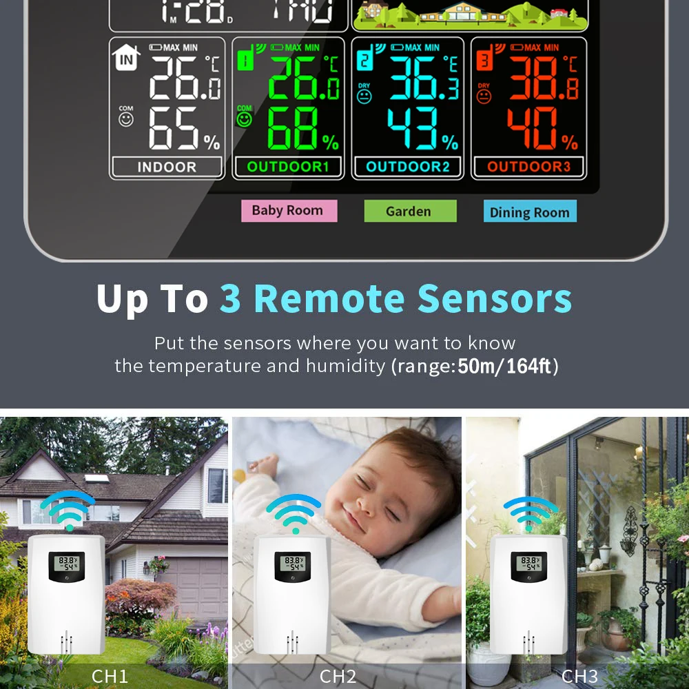 Weather Stations Wireless Indoor Outdoor Temperature Humidity VA Color Display Weather Forecast Barometric Pressure Alarm Clocks