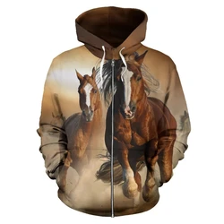 New Horse Graphic 3D Printed Zip Up Hoodies Men Women Casual Sweaters Pullover Long Sleeve Loose Hooded Sweatshirts Coats Tops