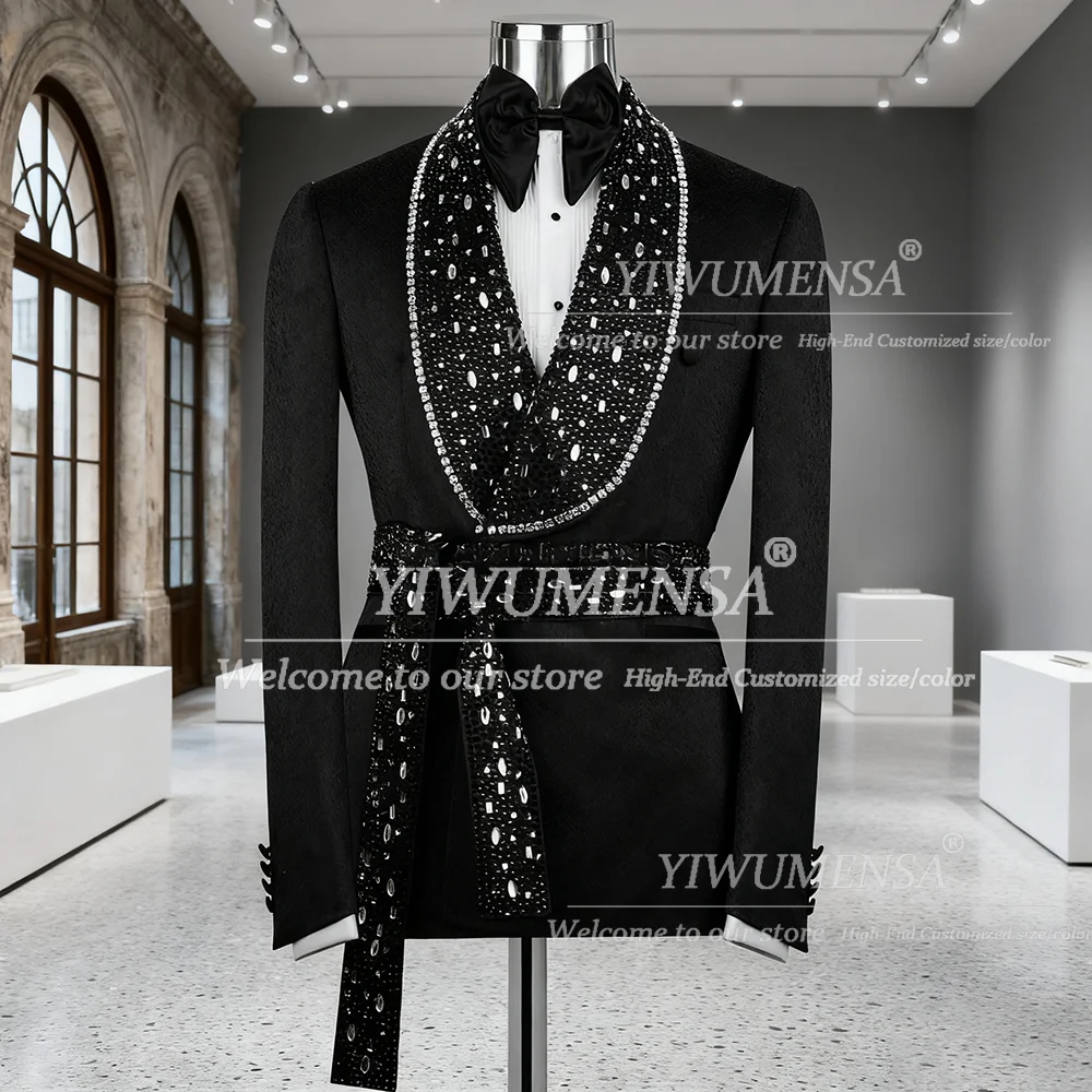 

Rhinestone Beaded Suits Men With Belt Luxury Double Breasted Prom Blazers Man Formal Party Dresses Groom Tuxedos traje hombre