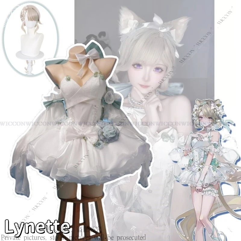 Lynette cosplay traje jogo genshin impacto pátio do anjo vestido branco ballet bonito fontaine peruca lolita mágico lynette conjunto